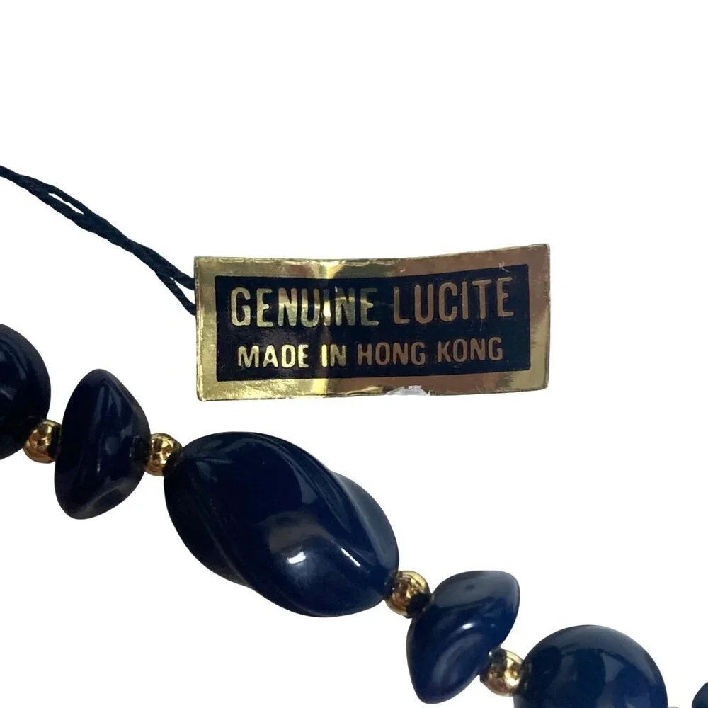 Vintage Blue Lucite Beaded Necklace Gold Tone Accents Textured Chunky Beads NWT